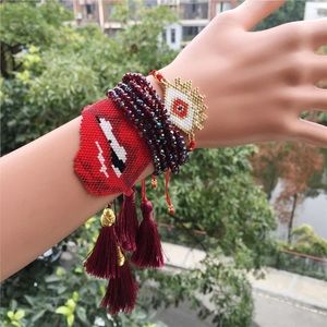 Evil Eye Beaded Bracelet Set Hamsa Tassel Jewelry